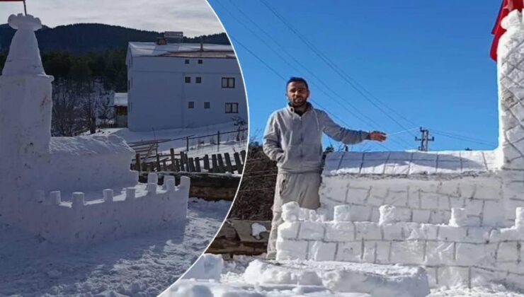 Sivas’ta bir baba çocukları için kardan Kız kulesi yaptı: Manzaraya karşı çay içtiler!